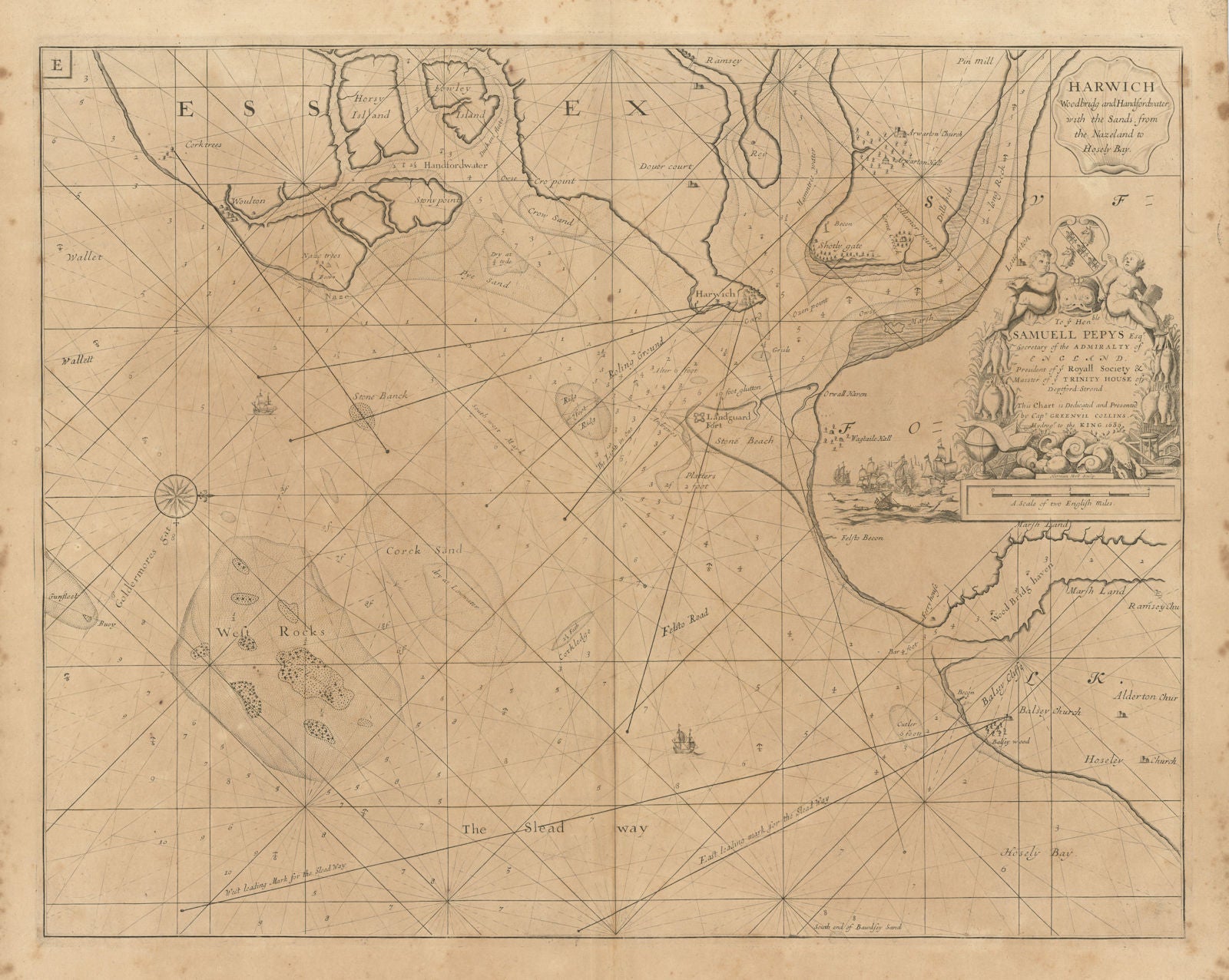 HARWICH, Orwell, Stour, Deben & Hamford Water sea chart. COLLINS 1693 old map